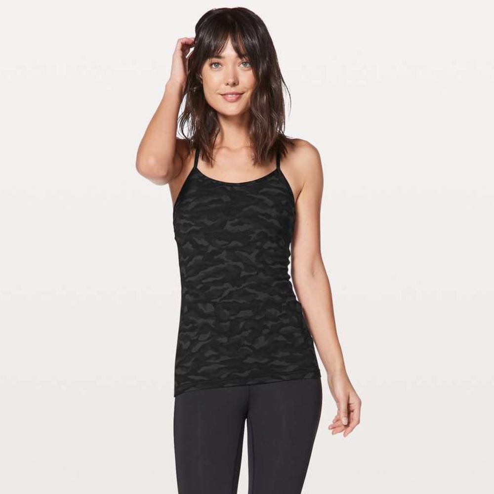 EUC Lululemon Power Y Tank Sequoia Camo Print Deep Coal Black Size 6
